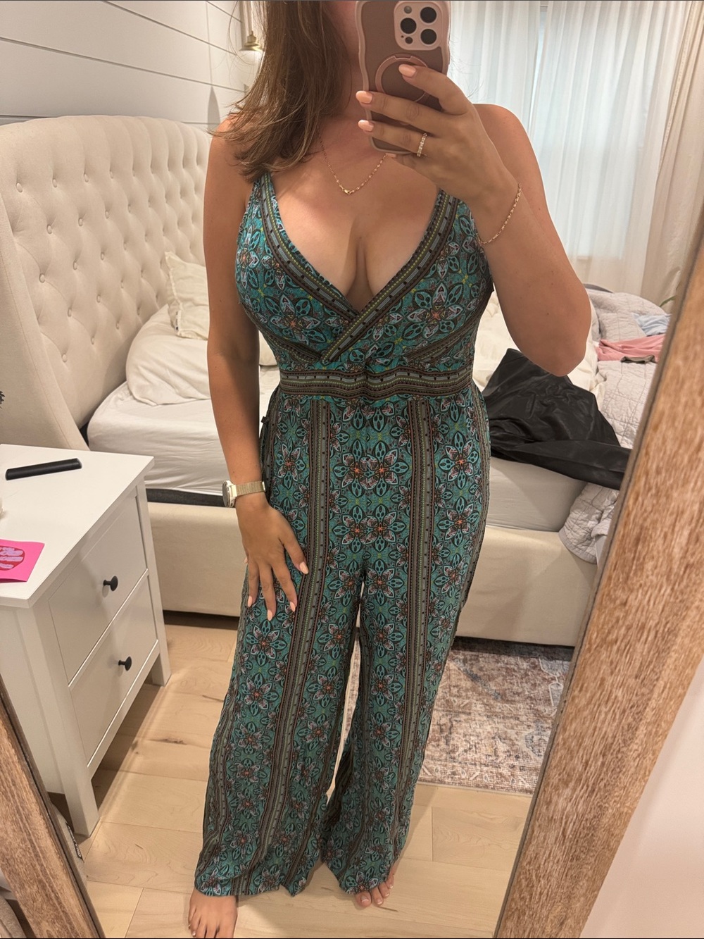 La Vie En Rose Teal Patterned V-Neck Wide-Leg Jumpsuit